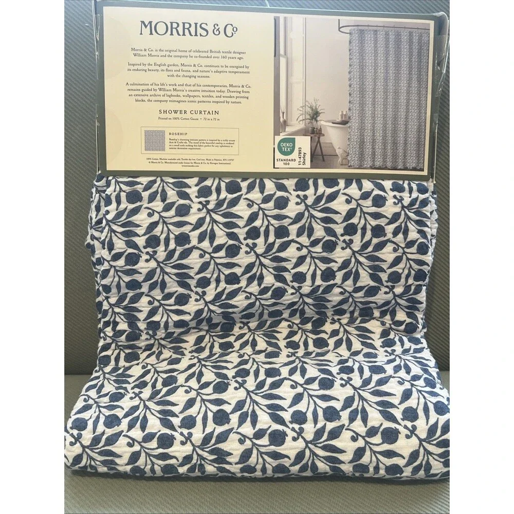 Morris & Co. Rosehip Shower Curtain Dark Blue White Cotton Gauze Ruffled Trim